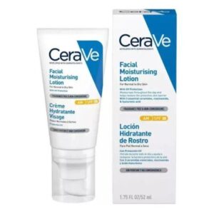 CeraVe Facial Moisturizing Lotion SPF30 52 ml, που εμφανίζεται δίπλα στο μπλε και λευκό κουτί συσκευασίας του.