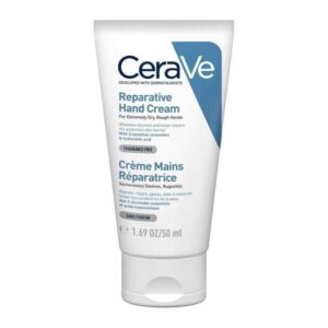 Ένα σωληνάριο 50 ml CeraVe Reparative Hand Cream για εξαιρετικά ξηρά χέρια, με λευκό σχέδιο με μπλε πινελιές και χωρίς άρωμα.