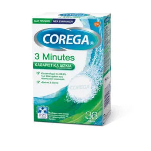 Box of Corega 3 Minutes Καθαριστικά Δισκία, που περιέχει 36 ταμπλέτες, με ελληνικό κείμενο και πράσινο και μπλε σχέδιο.