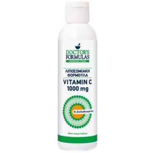 Ένα λευκό μπουκάλι με την ένδειξη "Doctor's Formulas Vitamin C 1000 mg 150 ml" περιλαμβάνει πράσινο και μπλε κείμενο με πράσινο εικονίδιο ασπίδας, που τονίζει την ποιότητα και την αποτελεσματικότητά του.