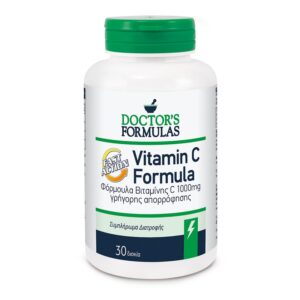 Ένα λευκό μπουκάλι με την ένδειξη "Doctor's Formulas Vitamin C Formula Fast Action" περιέχει 30 δισκία, το καθένα με ισχυρή δόση 1000mg.