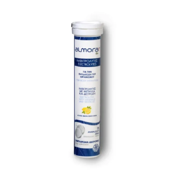 Πλαστικό σωληνάριο δισκίων Elpen Almora Plus Hydro Electrolytes 19 αναβράζοντα δισκία, με ελληνική ετικέτα, με εικόνα λεμονιού που δείχνει τη γεύση, όρθια.