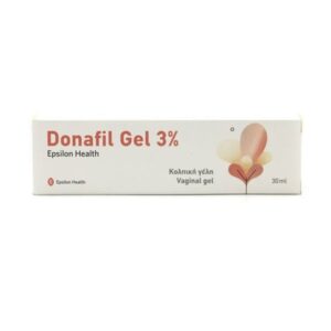 Λευκό κουτί Epsilon Health Donafil Gel 3% 30 ml, κολπικό τζελ με εικονογραφήσεις στη συσκευασία.