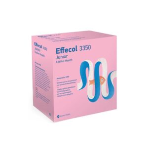 Ένα ροζ κουτί με την ένδειξη "Epsilon Health Effecol Junior 24 sachets x 6,5 g" με παιχνιδιάρικα μπλε και λευκά γραφικά, από τη σειρά Effecol Junior της Epsilon Health.