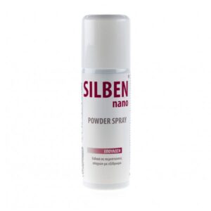 Μπιτόνι Epsilon Health Silben Nano Repair Powder Spray 125 ml με έντονο κόκκινο κείμενο σε αγνό λευκό φόντο.