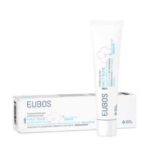 Eubos Dry Skin Children Haut Ruhe EctoAkut forte Κρέμα 7% Ectoin 30 ml σε σωληνάριο και κουτί συσκευασίας σε λευκό φόντο, που δείχνει την καταλληλότητά της για τη φροντίδα του ξηρού δέρματος.