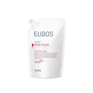 Eubos Refill Red 400 ml με κόκκινο ακροφύσιο στο επάνω μέρος για εύκολη διανομή, περιλαμβάνει κείμενο στα γερμανικά.