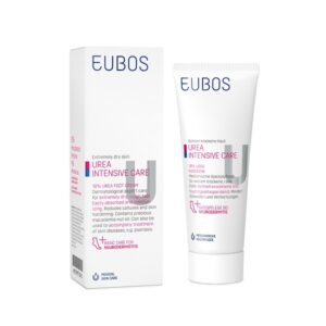 Εικόνα που απεικονίζει ένα σωληνάριο Eubos Urea 10% Foot Cream 100 ml μαζί με την αντίστοιχη λευκή συσκευασία του.