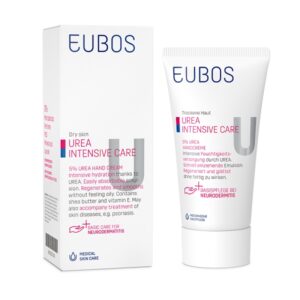 Eubos Urea 5% Κρέμα Χεριών 75 ml, ειδικά σχεδιασμένη για ξηρές επιδερμίδες με 5% ουρία, που παρουσιάζεται τόσο στη συσκευασία όσο και στη συσκευασία σε σωληνάριο.