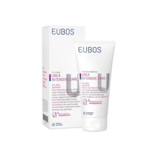 Σαμπουάν Eubos Urea 5% 200 ml Σωληνάριο και κουτί σαμπουάν Εντατικής Περιποίησης για ξηρό τριχωτό της κεφαλής, με 5% ουρία, σε λευκό φόντο.