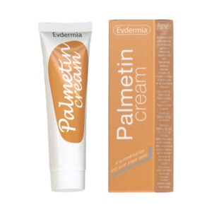 Η Evdermia Palmetin Cream 40 ml, σχεδιασμένη για λιπαρό/μικτό και με τάση ακμής δέρμα, διατίθεται σε κομψό πορτοκαλί και λευκό σωληνάριο και κουτί.