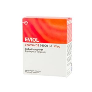 Κουτί Eviol Vitamin D3 4000 IU 60 soft caps συμπλήρωμα διατροφής, με έντονη κόκκινη και λευκή συσκευασία. Το κείμενο παρουσιάζεται τόσο στα ελληνικά όσο και στα αγγλικά.