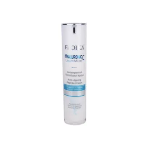 Ένα μπουκάλι 50 ml Froika Hyaluronic C Micro Cream με λευκή και μπλε ετικέτα, γνωστή για τα πεπτιδικά οφέλη της κατά της γήρανσης.