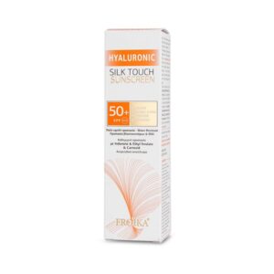 Κουτί Froika Hyaluronic Silk Touch Sunscreen SPF50+ 50 ml, που φαίνεται όρθιο σε λευκό φόντο.