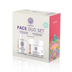 A box of the Garden Face Duo Set 1+1, featuring an ενυδατικός ορός με υαλουρονικό οξύ 30 ml και μια αντιρυτιδική κρέμα με υαλουρονικό οξύ 50 ml, με πολύχρωμα σχεδιαστικά στοιχεία.