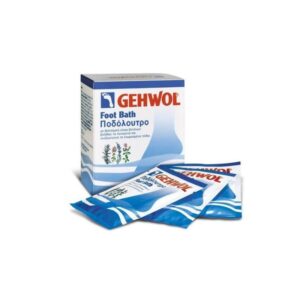 Ένα κουτί 200 g Gehwol Foot Bath παρουσιάζει μια καταπραϋντική, premium περιποίηση ποδιών με μπλε και λευκό σχέδιο, με κείμενο στα Αγγλικά και σε άλλη γλώσσα.