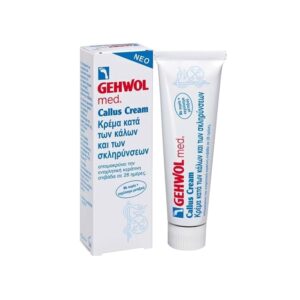 Ένα σωληνάριο 75 ml Gehwol med Callus Cream και το κουτί του, με ελληνικό και αγγλικό κείμενο στη συσκευασία.