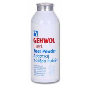 Ένα μπουκάλι 100 g Gehwol med Foot Powder εμφανίζει ευδιάκριτα το αξιόπιστο όνομα GEHWOL στη λευκή του επιφάνεια, μαζί με ελληνικό κείμενο και ένα εμφανές μπλε λογότυπο στο μπροστινό μέρος.