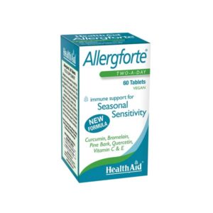 Health Aid Allergforte 60 tabs, ένα κουτί που περιέχει 60 δισκία για εποχιακή ευαισθησία, περιλαμβάνει κουρκουμίνη, βρομελίνη, φλοιό πεύκου, κερκετίνη και βιταμίνες.