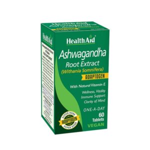 Ένα πράσινο κουτί με την ένδειξη "Health Aid Ashwagandha Root Extract 60 vegan tabs" που περιέχει 60 ταμπλέτες vegan για ευεξία, ζωτικότητα και υποστήριξη του ανοσοποιητικού.