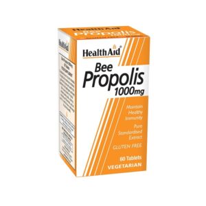 Σας παρουσιάζουμε τα δισκία Health Aid Bee Propolis 1000 mg, διαθέσιμα σε πορτοκαλί και λευκό κουτί. Αυτό το προϊόν, το οποίο περιλαμβάνει 60 ταμπλέτες, έχει σχεδιαστεί για να υποστηρίζει την ανοσία σας. Είναι χωρίς γλουτένη και κατάλληλο για χορτοφάγους.