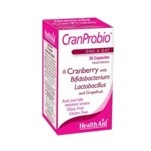 Ένα ροζ και άσπρο κουτί HealthAid CranProbio 30 veg caps, ένα συμπλήρωμα cranberry με προβιοτικά, που εμφανίζει λεπτομέρειες κειμένου για το προϊόν.
