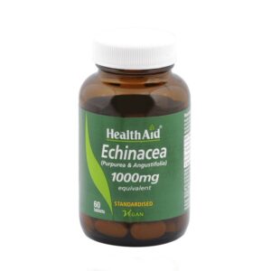 Καφέ μπουκάλι με την ένδειξη "Health Aid Echinacea Purpurea/Angustifolia 1000mg, 60 vegan tabs", με πράσινο φόντο.