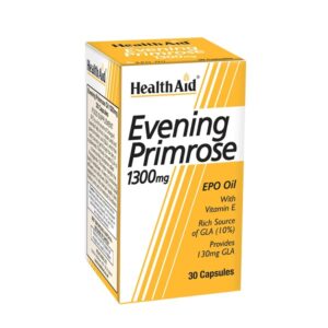 Ένα κουτί Health Aid Evening Primrose Oil 1300 mg & Βιταμίνη Ε 30 καπάκια με GLA.