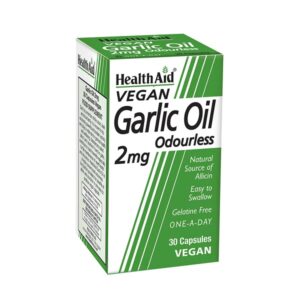 Ένα κουτί Health Aid Garlic Oil Άοσμο 2 mg 30 vegan καπάκια.