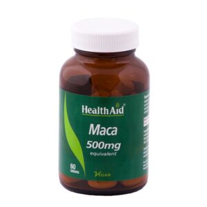 Ένα καφέ μπουκάλι με την ένδειξη "Health Aid Maca 500 mg", που περιέχει 60 vegan ταμπλέτες από την Health Aid.