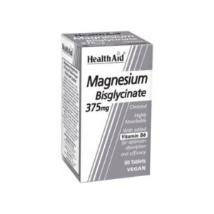 Box of Health Aid Magnesium Bisglycinate 375 mg 60 tabs λαχανικών, εμπλουτισμένο με βιταμίνη B6, παρέχοντας 60 φιλικές προς τους vegan δόσεις βασικών θρεπτικών συστατικών.