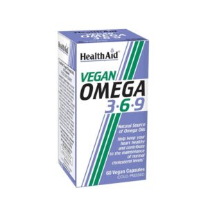 Ένα κουτί Health Aid Omega 3-6-9 Vegan 60 vcaps, με κείμενο που περιγράφει λεπτομερώς τα διάφορα οφέλη και περιέχει 60 βίγκαν κάψουλες ψυχρής έκθλιψης.