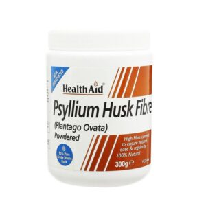 Ένα λευκό δοχείο συμπλήρωμα Health Aid Psyllium Husk Fiber Powder 300 g, 100% φυσικό, με καφέ ετικέτα.