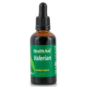 Ένα μπουκάλι 50ml Health Aid Valerian Herbal Liquid με σταγονόμετρο, χαρακτηρισμένο ως vegan.