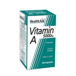 Το κουτί Health Aid Vitamin A 5000 IU 100 caps είναι πράσινο και λευκό, περιέχει 100 κάψουλες και φέρει την ένδειξη "Easy to Swallow" και "ONE-A-DAY".