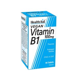 Box of Health Aid Vitamin B1 100 mg vegan 90 tabs, με θειαμίνη, παρατεταμένης αποδέσμευσης και δόση μίας την ημέρα.