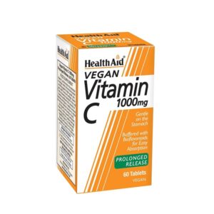 Box of Health Aid Vitamin C 1000 mg δισκία Vegan με 60 δισκία, σχεδιασμένα για απαλό στομάχι, που περιέχουν βιοφλαβονοειδή και έχουν παρατεταμένη αποδέσμευση.