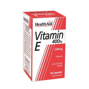 Health Aid Vitamin E 400 IU Natural 30 caps: Κουτί HealthAid Vitamin E 400 IU, 268 mg φυσικής, χωρίς ζελατίνη, 30 χορτοφαγικές κάψουλες με κόκκινο και λευκό σχέδιο.