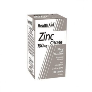 Ένα κουτί Health Aid Zinc Citrate 100 mg Vegan 100 tabs, σχεδιασμένο για γρήγορη απορρόφηση και παροχή βασικής υποστήριξης μετάλλων.