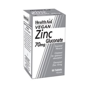 Box of Health Aid Zinc Gluconate 70 mg vegan, που περιέχει 90 ταμπλέτες, χαρακτηρισμένο ως βασικό μέταλλο για βέλτιστη απορρόφηση.