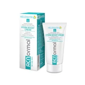 Helenvita Acnormal Hydra Boost 60 ml για λιπαρό δέρμα, εμφανίζεται σε λευκό και γαλαζοπράσινο σωληνάριο μαζί με την ασορτί συσκευασία του.