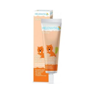 Helenvita Baby First Teeth Relief Gel 30 ml για μωρά, με πορτοκαλί συσκευασία με εικονογράφηση αρκούδας, δίπλα στο κουτί του.