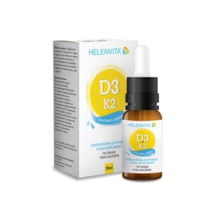 Ένα μπουκάλι Helenvita D3 & K2 Drops 20 ml δίπλα στη συσκευασία του.