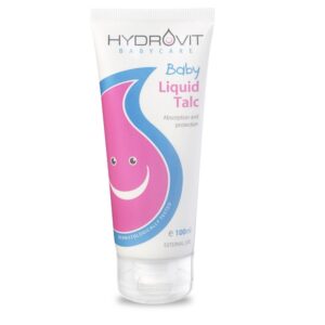 Σωληνάριο Hydrovit Baby Liquid Talc 100 ml, με μια χαμογελαστή εικόνα ροζ σταγονιδίων στο μπροστινό μέρος, σχεδιασμένο για απορρόφηση και προστασία.