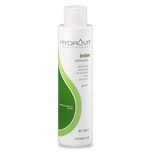 Ένα μπουκάλι 150ml σαπουνιού Hydrovit Intim Intimcare, ένα αναζωογονητικό απολυμαντικό για την ευαίσθητη περιοχή και το σώμα, pH 4,5, σχεδιασμένο για εξωτερική χρήση.