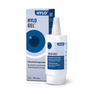 Hylo Gel Eye Drops 10 ml, που περικλείονται σε κομψό κουτί και μπουκάλι με διακριτικό μπλε σήμα. Το γερμανικό κείμενο αναδεικνύει τις εντυπωσιακές ενυδατικές ιδιότητες του Hylo Gel, καθιστώντας το απαραίτητο για την ξηροφθαλμία.