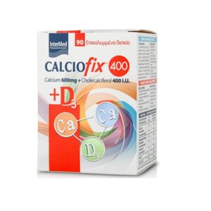 Κουτί Intermed Calciofix 400 δισκίων με 90 επικαλυμμένους δίσκους, που περιέχει 600 mg ασβεστίου και 400 IU χοληκαλσιφερόλη (βιταμίνη D3) για βέλτιστη υγεία των οστών.