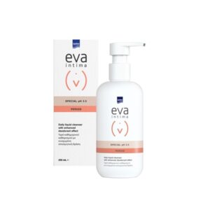 Ένα λευκό μπουκάλι καθαριστικού Intermed Eva Intima Special Period 250 ml με αντλία, τοποθετημένο δίπλα στο κουτί του που έχει ταιριαστό σχέδιο και κείμενο.