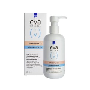 Ένα μπουκάλι 250 ml Intermed Eva Intima Wash Extrasept, πλήρες με κουτί συσκευασίας, φέρει ετικέτα για μικρή ενόχληση και έχει επιπλέον pH 3,5.