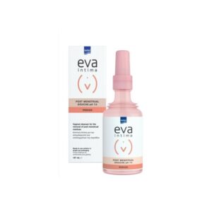 Μπουκάλι Intermed Eva Period Post Menstrual Douche pH 7,0 147 ml και η συσκευασία του, και τα δύο με χρωματικό συνδυασμό λευκού και ροζ, με φόρμουλα pH 7,0 για βέλτιστη φροντίδα.